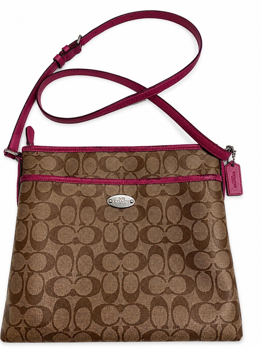 Coach Brown And Pink Leather Trim Signature File Crossbody Bag